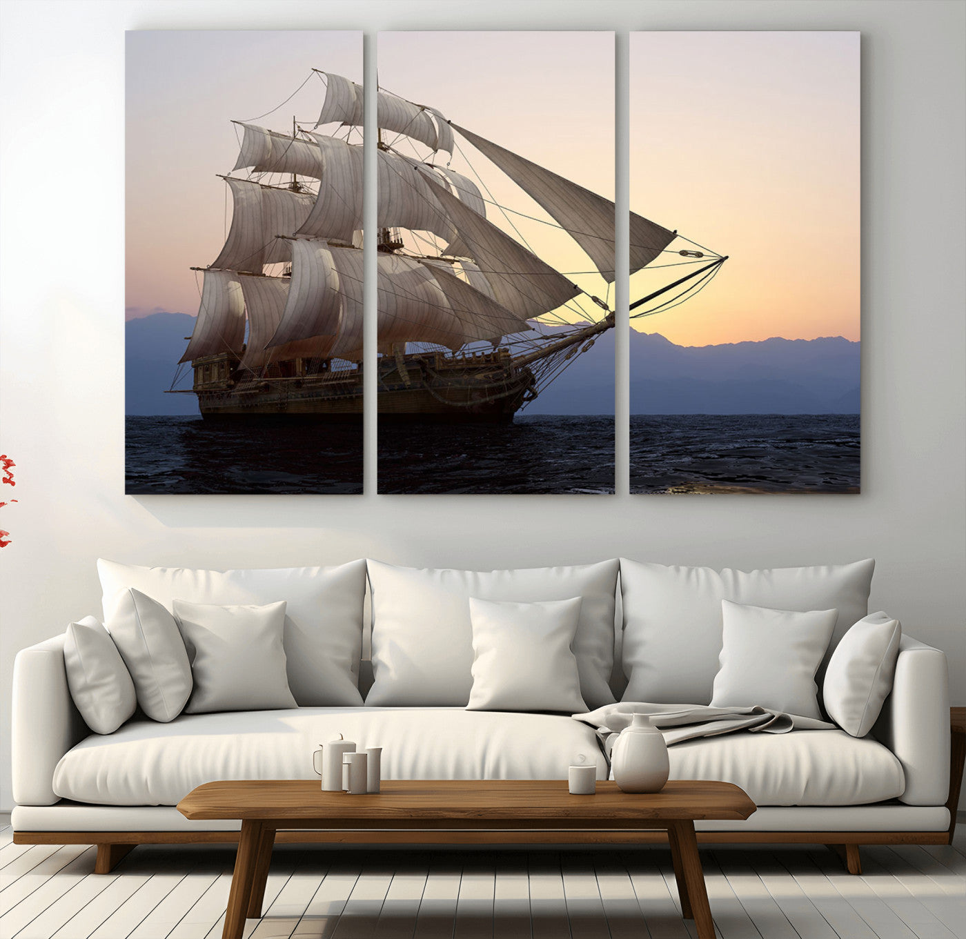 99957679-MGV-CV-36X24-Majestic Sailing Ship Wall Art – Sunset Ocean Voyage, Classic Tall Ship with Wind Filled Sails Canvas Print for Home, Office,