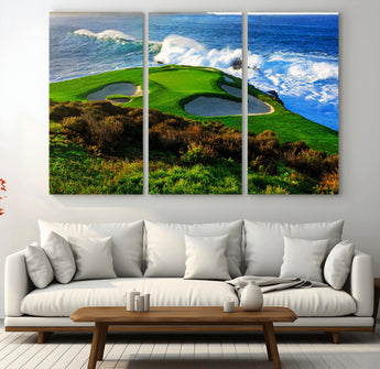 34181847-MGV-CV-36X24-Coastal Golf Course Wall Art – Panoramic Ocean Fairway Canvas Print, Scenic Sports Photography Decor for Office, Man Cave, Living