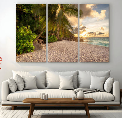 89531159-MGV-CV-36X24-Tropical Beach Sunset Canvas Wall Art – Palm Trees Golden Sand Ocean Waves Coastal Paradise Print for Beach House Bedroom Bathroom