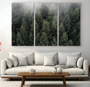 84059409-MGV-CV-36X24-Forest Wall Art – Misty Evergreen Trees Canvas Print, Tranquil Nature Photography Decor for Bedroom, Living Room, Office, Cabin or