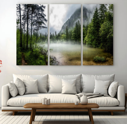 93123937-MGV-CV-36X24-Landscape Wall Art – Misty Mountain Lake Canvas Print, Tranquil Forest and Waterfall Photography Decor for Bedroom, Living Room,