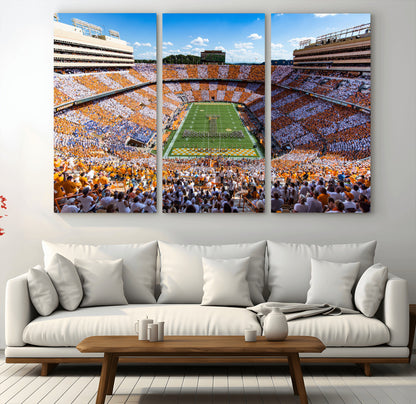 64238859-MGV-CV-48X32-3P-Neyland Stadium Wall Art – Tennessee Volunteers Checkerboard Game Day Canvas Print, College Football Panorama Decor for Man Cave
