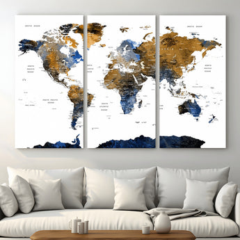 MGV-CV-48X32-3P - World Map Wall Art Canvas Print, Framed Blue Gold Map Art Picture Print, Rustic Atlas Perfect Rustic Modern Decor Artwork