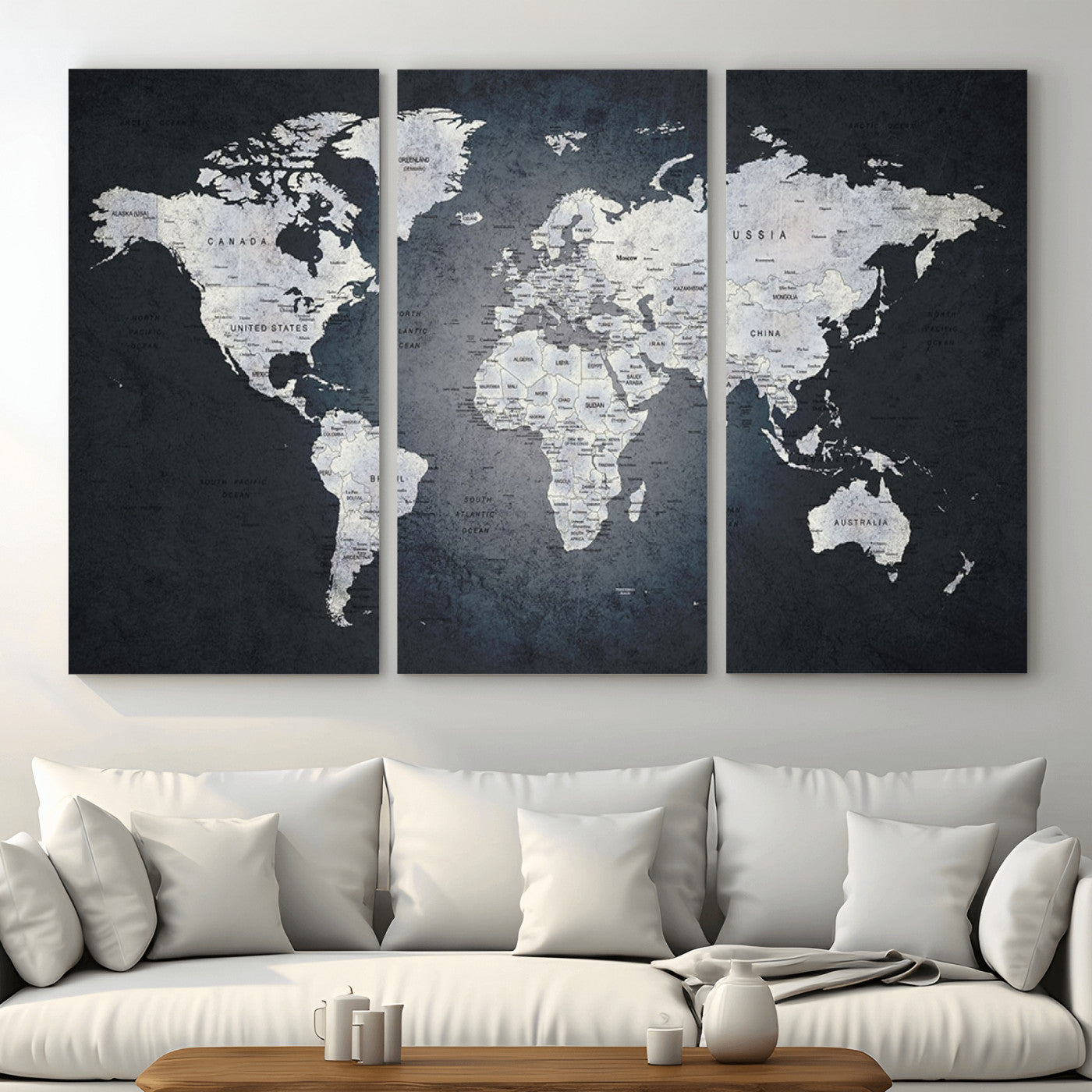 MGV-CV-48X32-3P - Monochrome World Map Wall Art Canvas Print, Framed Minimalist Map Art Picture Print, Modern Atlas Perfect Modern Minimalist Decor Artwork