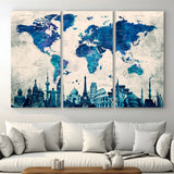 MGV-CV-48X32-3P - Blue World Map Wall Art Canvas Print, Framed Iconic Landmarks Art Picture Print, Blue Globe Map Perfect Elegant Explorer Decor Artwork