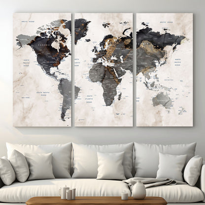 MGV-CV-48X32-3P - World Map Wall Art Canvas Print, Framed Rustic Map Art Picture Print, Antique Map Perfect Rustic Explorer Decor Artwork