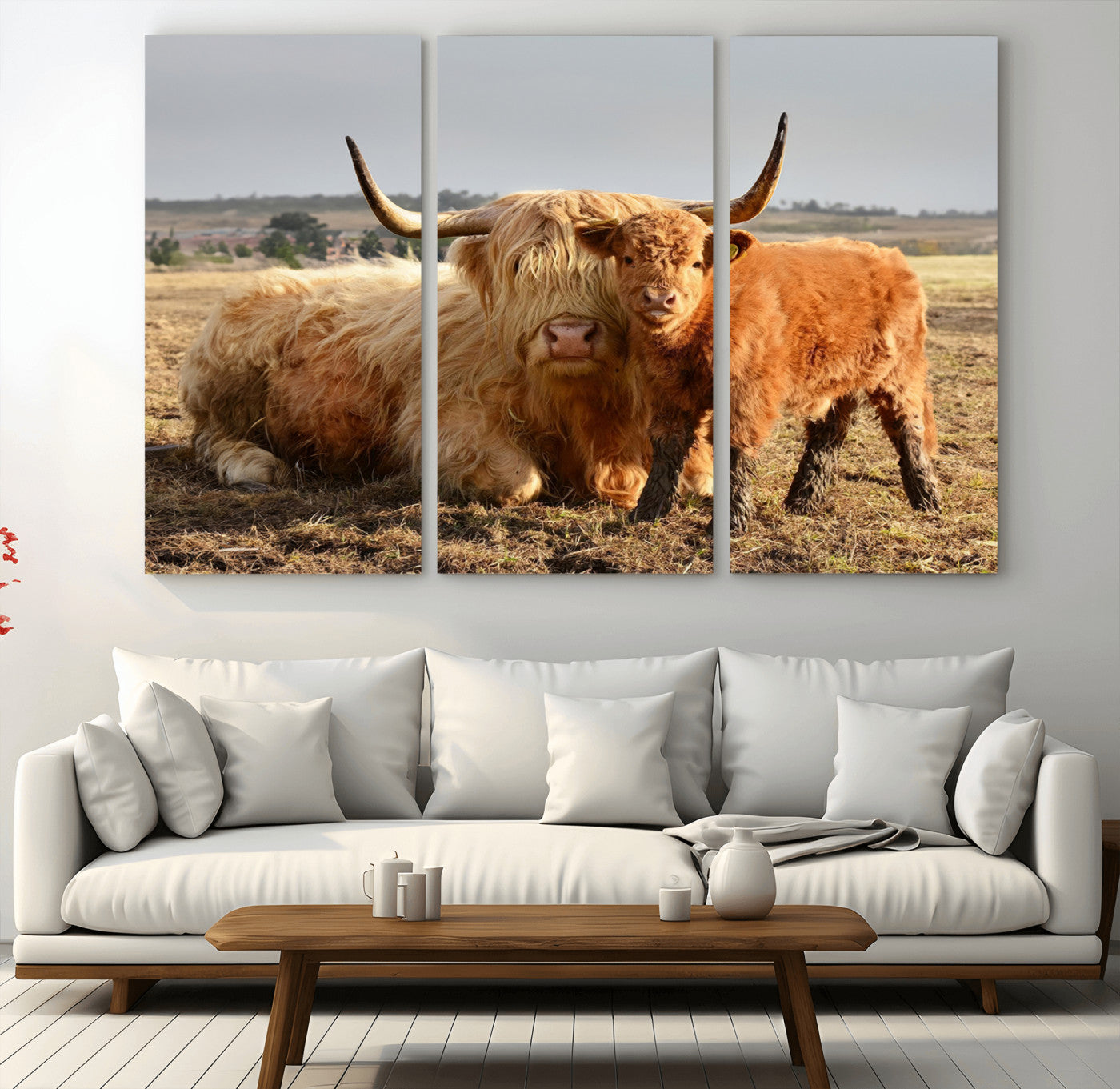 88780-MGV-CV-36X24-Highland Cow Wall Art Canvas Print, Framed Cow Calf Art Picture Print, Scottish Cattle Perfect Rustic Farmhouse Decor Artwork