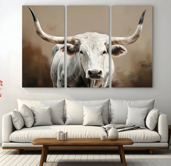 63550-MGV-CV-36X24-Texas Longhorn Wall Art Canvas Print, Framed White Bull Art Picture Print, Horned Cattle Perfect Rustic Western Decor Artwork