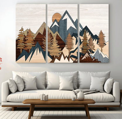 80300-MGV-CV-48X32-3P-Geometric Mountains Wall Art Canvas Print, Framed Stylized Trees Art Picture Print, Graphic Forest Perfect Rustic Abstract Decor