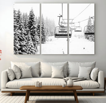 49274-MGV-CV-48X32-3P-Snowy Forest Wall Art Canvas Print, Framed Ski Lift Art Picture Print, Mountain Snow Perfect Minimal Winter Lodge Decor Artwork