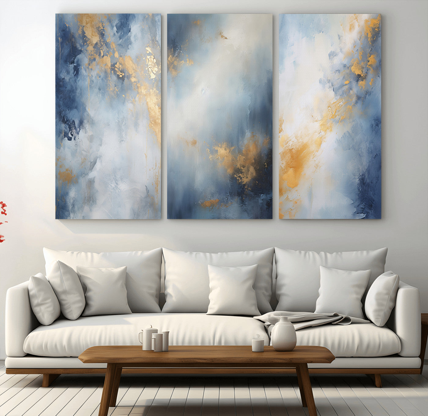 41836-MGV-CV-48X32-3P-Abstract Gold Wall Art Canvas Print, Framed Blue Layers Art Picture Print, Elegant Cloud Perfect Elegant Minimalist Decor Artwork