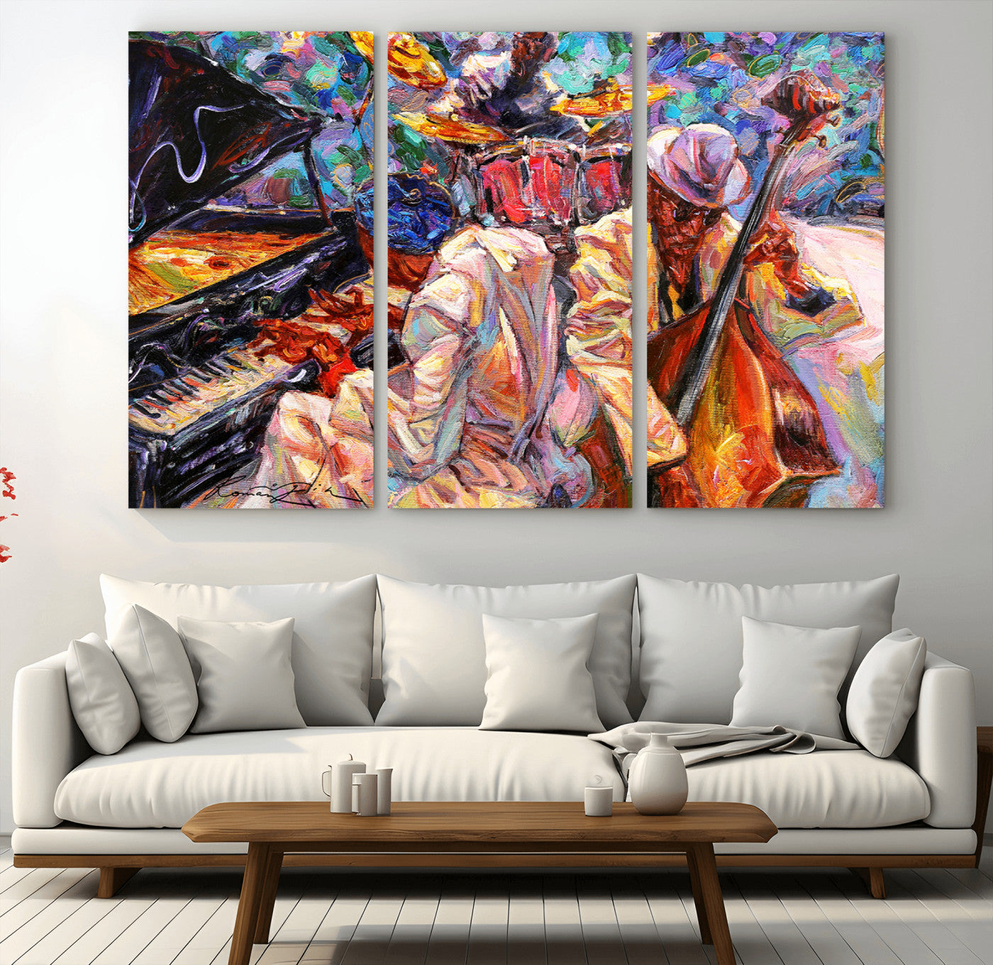 13675-MGV-CV-48X32-3P-Jazz Band Wall Art Canvas Print, Framed Jazz Oil Painting Art Picture Print, Vibrant Music Perfect Abstract Musical Decor Artwork