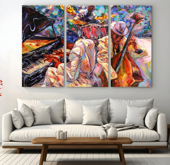13675-MGV-CV-48X32-3P-Jazz Band Wall Art Canvas Print, Framed Jazz Oil Painting Art Picture Print, Vibrant Music Perfect Abstract Musical Decor Artwork