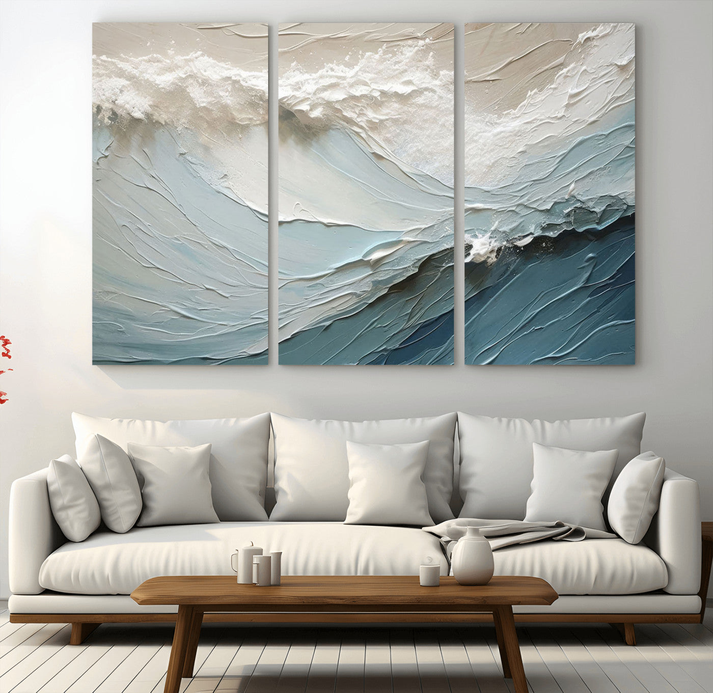 53646-MGV-CV-48X32-3P-Ocean Wave Wall Art Canvas Print, Framed Textured Seascape Art Picture Print, Modern Ocean Perfect Minimal Coastal 2/2 Decor