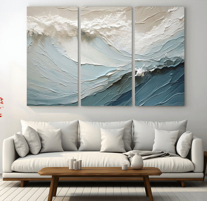 53646-MGV-CV-48X32-3P-Ocean Wave Wall Art Canvas Print, Framed Textured Seascape Art Picture Print, Modern Ocean Perfect Minimal Coastal 2/2 Decor