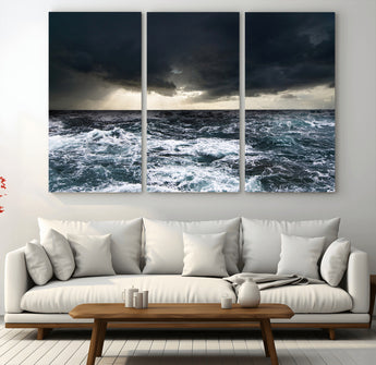 51359-MGV-CV-48X32-3P-Stormy Ocean Wall Art Canvas Print, Framed Moody Seascape Art Picture Print, Ocean Storm Perfect Dramatic Coastal Decor Artwork
