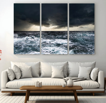 51359-MGV-CV-48X32-3P-Stormy Ocean Wall Art Canvas Print, Framed Moody Seascape Art Picture Print, Ocean Storm Perfect Dramatic Coastal Decor Artwork