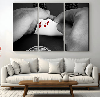 62460-MGV-CV-36X24-Poker Game Wall Art – Close Up of Hands Holding Aces with Chips, Casino Style Decor for Game Room, Man Cave or Office