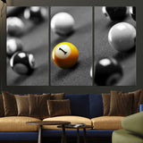 52108-MGV-CV-36X24-Precision Pool Table Wall Art – Close Up Yellow 1 Ball Canvas Print, Hand-Played Billiards Game Decor for Office, Game Room, or