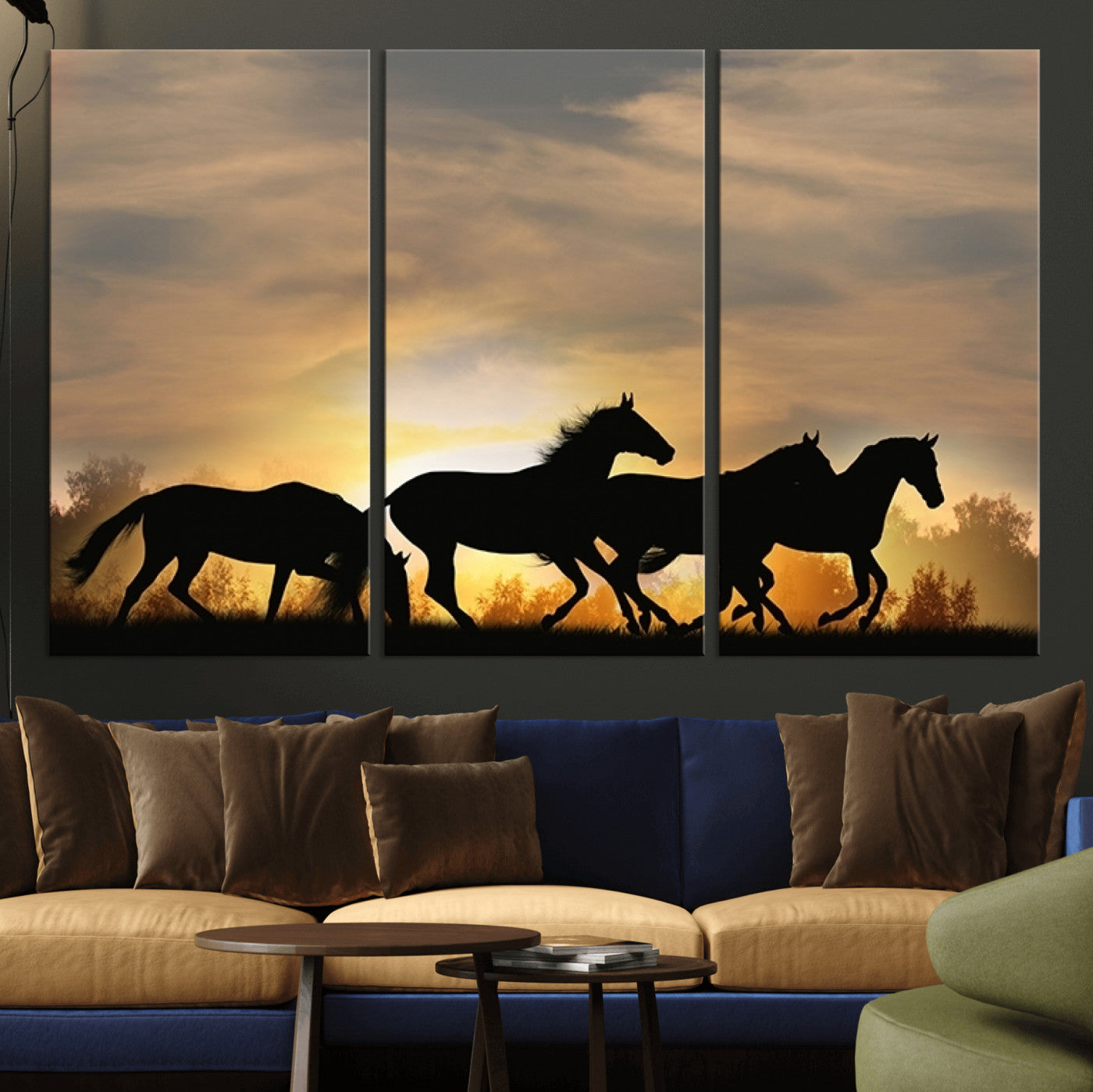 16620-MGV-CV-36X24-Sunset Stallions Wall Art – Silhouetted Horses Running Canvas Print, Nature’s Rhythm, Perfect for Living Room, Office, or Man Cave