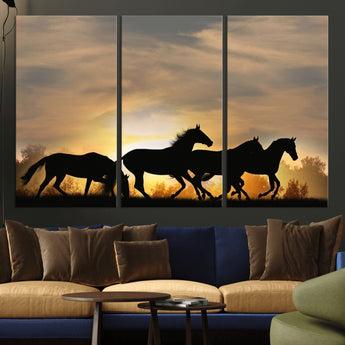 16620-MGV-CV-36X24-Sunset Stallions Wall Art – Silhouetted Horses Running Canvas Print, Nature’s Rhythm, Perfect for Living Room, Office, or Man Cave