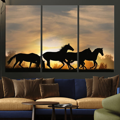 16620-MGV-CV-36X24-Sunset Stallions Wall Art – Silhouetted Horses Running Canvas Print, Nature’s Rhythm, Perfect for Living Room, Office, or Man Cave