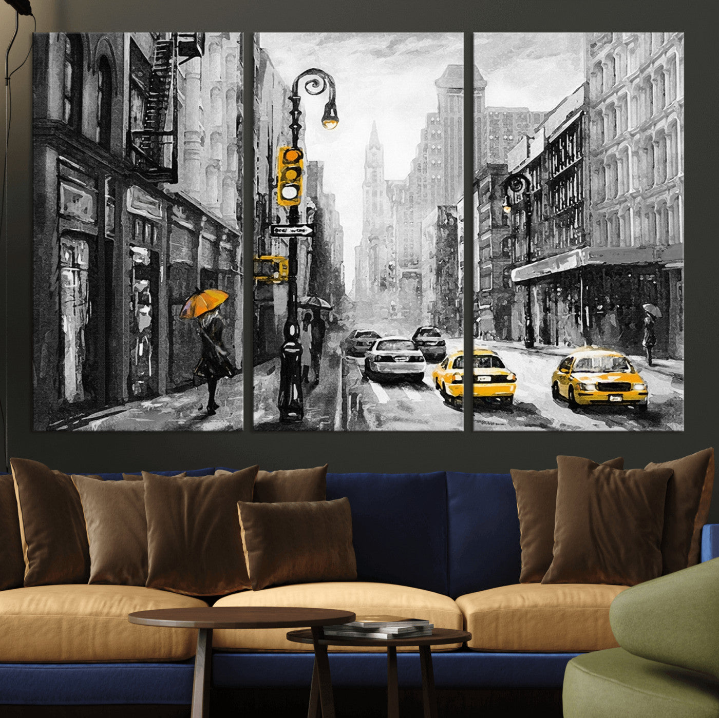 32362-MGV-CV-36X24-NYC Street Wall Art – Black and White Cityscape with Yellow Taxis and Umbrella Canvas Print, Urban Home Decor for Living Room or
