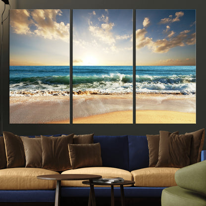 13139-MGV-CV-48X32-3P-Sunrise Beach Wall Art – Ocean Waves and Golden Sand Canvas Print, Coastal Home Decor for Living Room, Bedroom, or Office