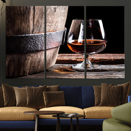 50839-MGV-CV-36X24-Barrel & Brandy Wall Art – Rustic Whiskey Barrel and Brandy Glass Canvas Print, Elegant Home Bar or Lounge Decor for Office, Man