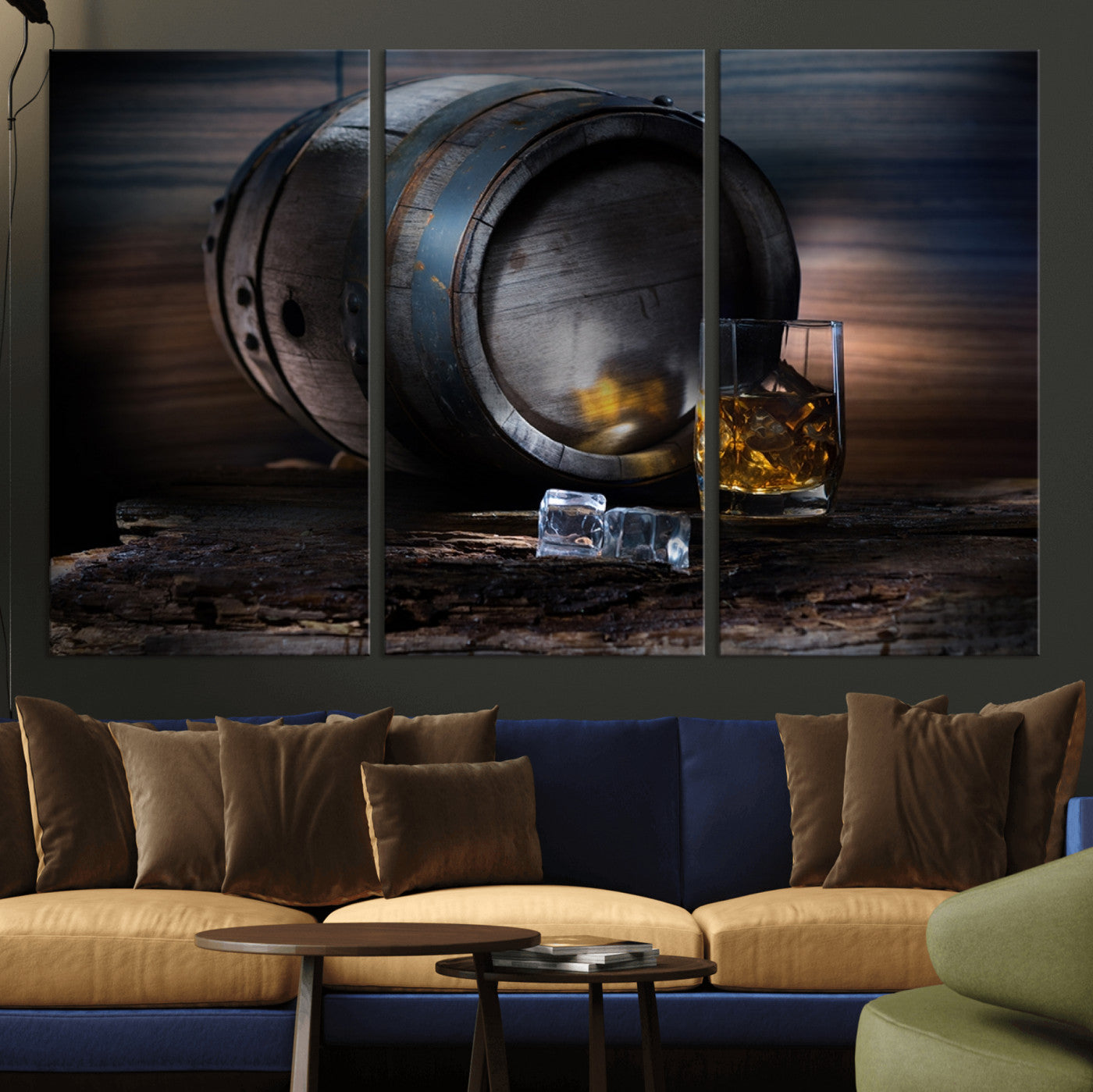 78049-MGV-CV-36X24-Whiskey Barrel Wall Art – Rustic Whiskey Barrel and Glass with Ice Canvas Print, Classic Bar or Lounge Decor for Home, Office, or
