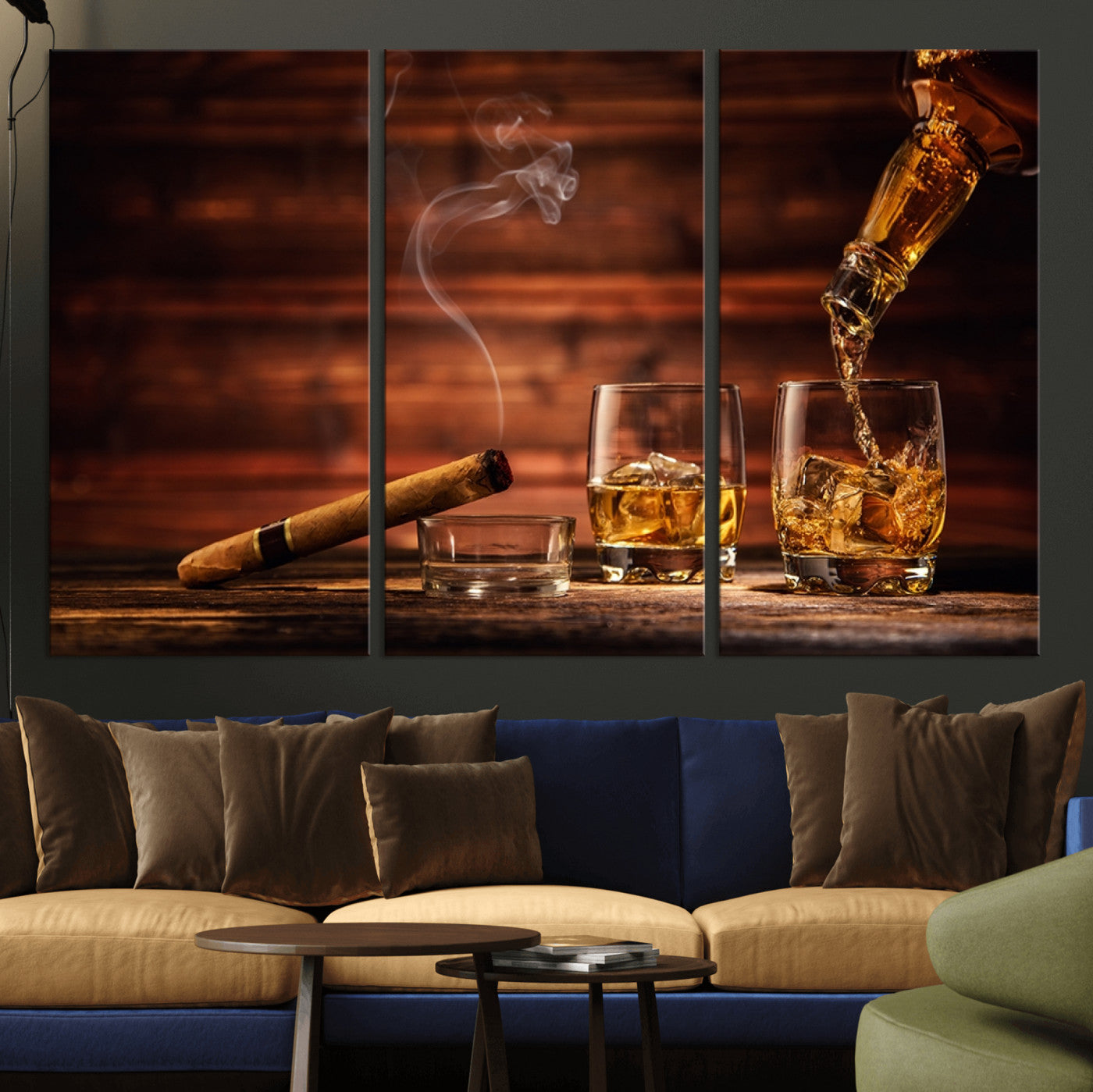 91042-MGV-CV-36X24-Whiskey & Cigar Wall Art – Elegant Whiskey Pour and Smoldering Cigar Canvas Print, Sophisticated Bar or Lounge Decor for Home,