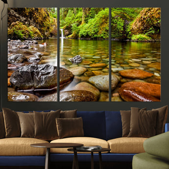 98096-MGV-CV-36X24-Serene River Waterfall Nature Photo – Calm Clear Water, Vibrant Green Forest and Smooth Stones Landscape Wall Art for Home or