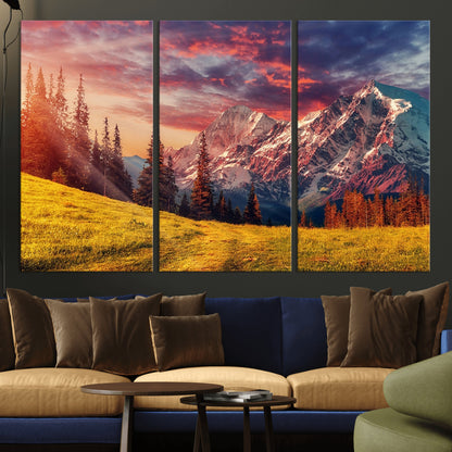 83947-MGV-CV-36X24-Sunset Mountain Landscape Wall Art – Panoramic Alpine Meadow and Snow Capped Peaks Canvas Print, Nature Scenic Decor for Home,