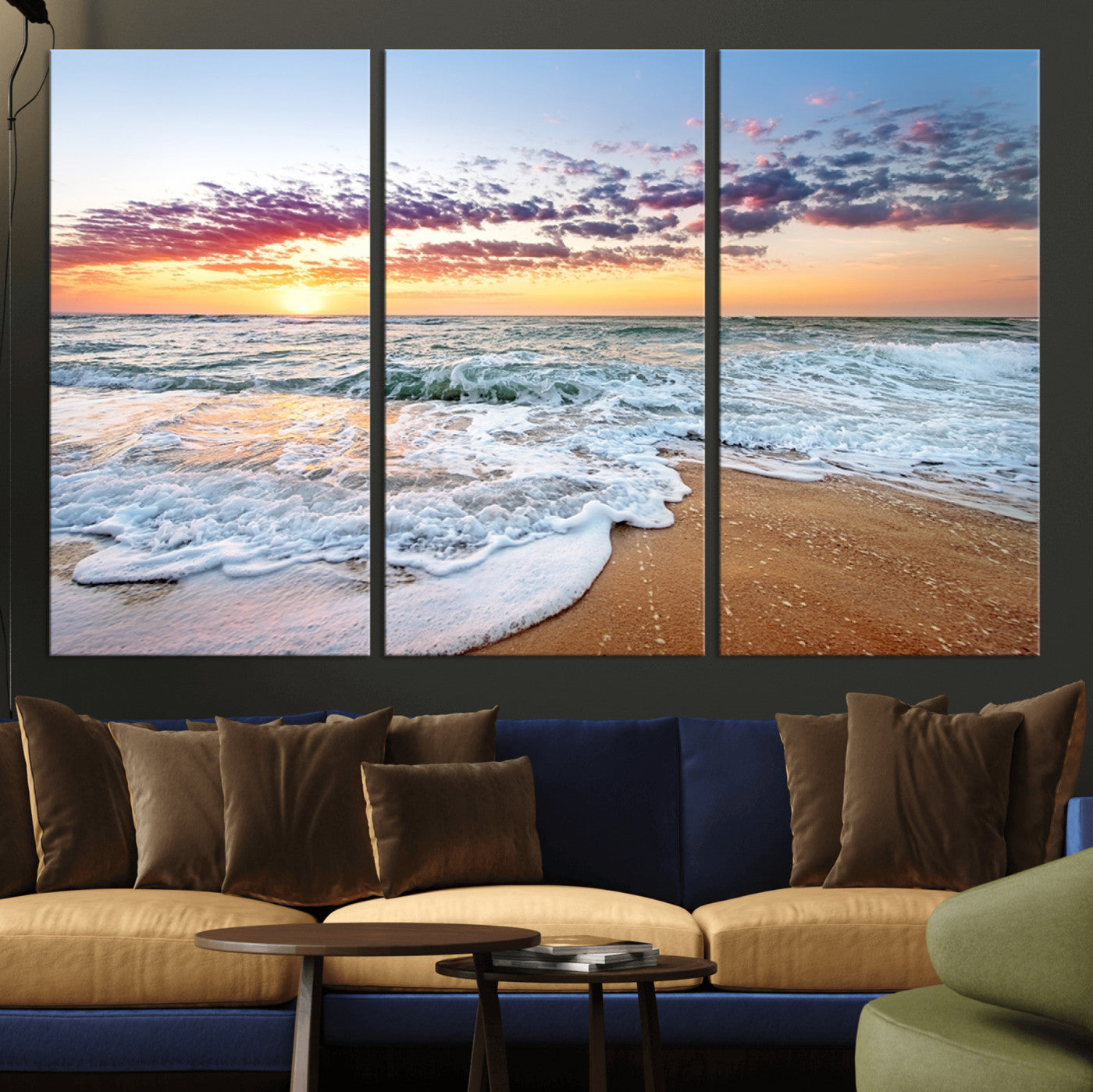 39560-MGV-CV-36X24-Sunrise Beach Wall Art – Vibrant Ocean Waves and Golden Sand Canvas Print, Seaside Coastal Decor for Living Room, Bedroom or