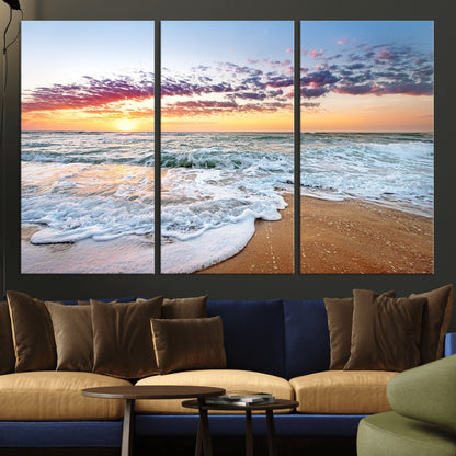 39560-MGV-CV-36X24-Sunrise Beach Wall Art – Vibrant Ocean Waves and Golden Sand Canvas Print, Seaside Coastal Decor for Living Room, Bedroom or