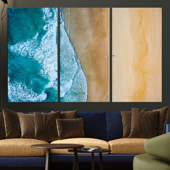 46640-MGV-CV-36X24-Aerial Beach Wall Art – Turquoise Waves and Golden Sand Canvas Print with Lone Surfer, Coastal Ocean Decor for Living Room,