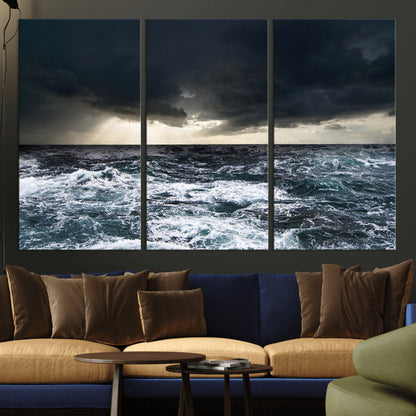 42607-MGV-CV-36X24-Stormy Ocean Wall Art – Dramatic Sea and Sky Canvas Print with Sun Rays, Moody Nature Decor for Living Room, Office, Bedroom or