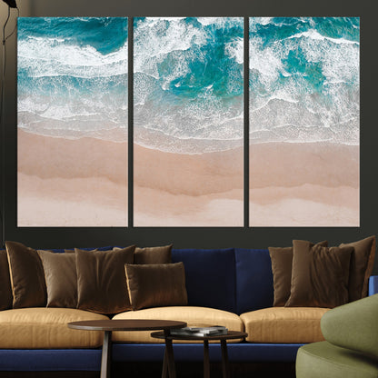 39236-MGV-CV-36X24-Ocean Beach Wall Art – Aerial View of Waves and Sand Canvas Print, Coastal Home Decor for Living Room, Bedroom, Office or Beach