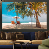 69754-MGV-CV-36X24-Tropical Beach Wall Art – Relaxing Palm Tree and Lounge Chairs Canvas Print, Serene Coastal Decor for Living Room, Bedroom, Office