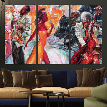 24452-MGV-CV-36X24-Vibrant Jazz Musician Painting - Expressive Art Print of Live Jazz Band, Perfect Wall Decor for Music Lovers and Art Enthusiasts