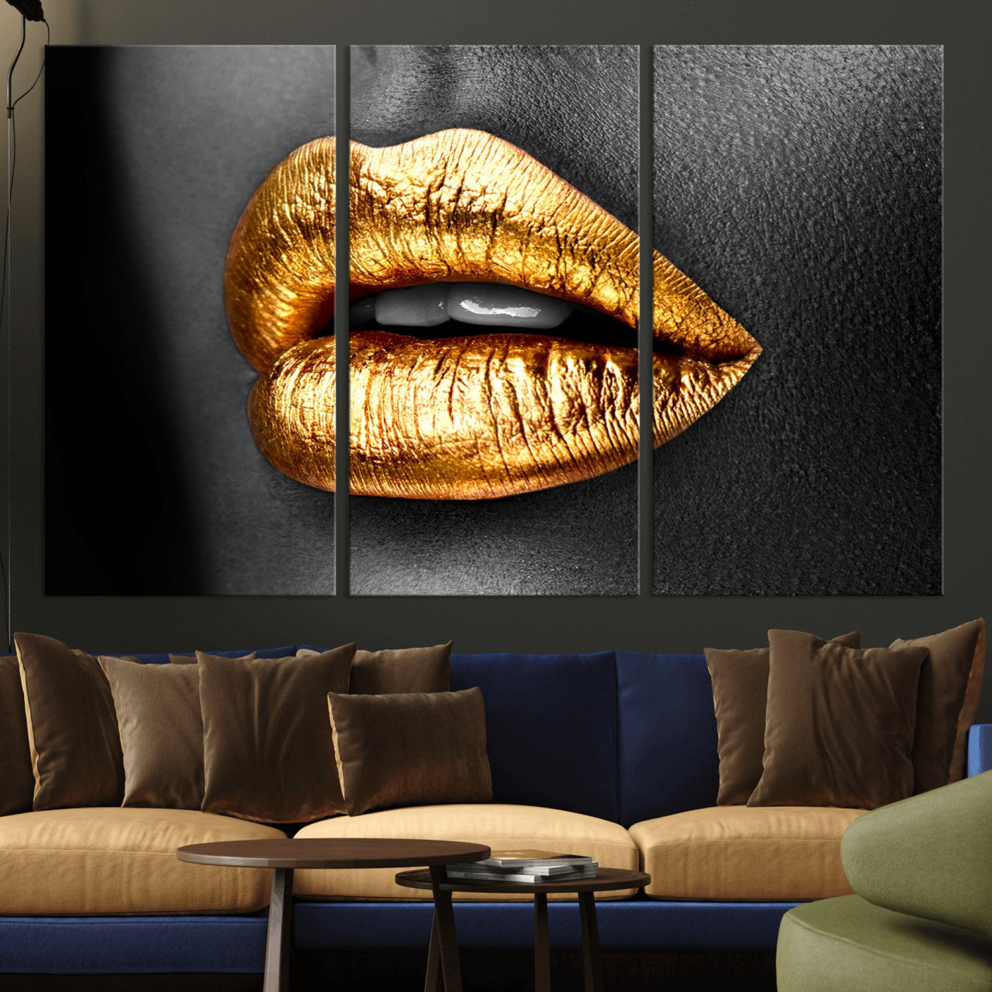 84747-MGV-CV-36X24-Golden Lips Black & White Portrait – Glamorous Metallic Lip Art Print, Modern Wall Decor for Bedroom, Beauty & Fashion Lover Gift