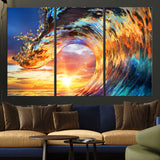 52890-MGV-CV-36X24-Surfing Wave Wall Art Canvas Print, Framed Sunset Ocean Art Picture Print, Ocean Wave Perfect Nautical Decor Artwork