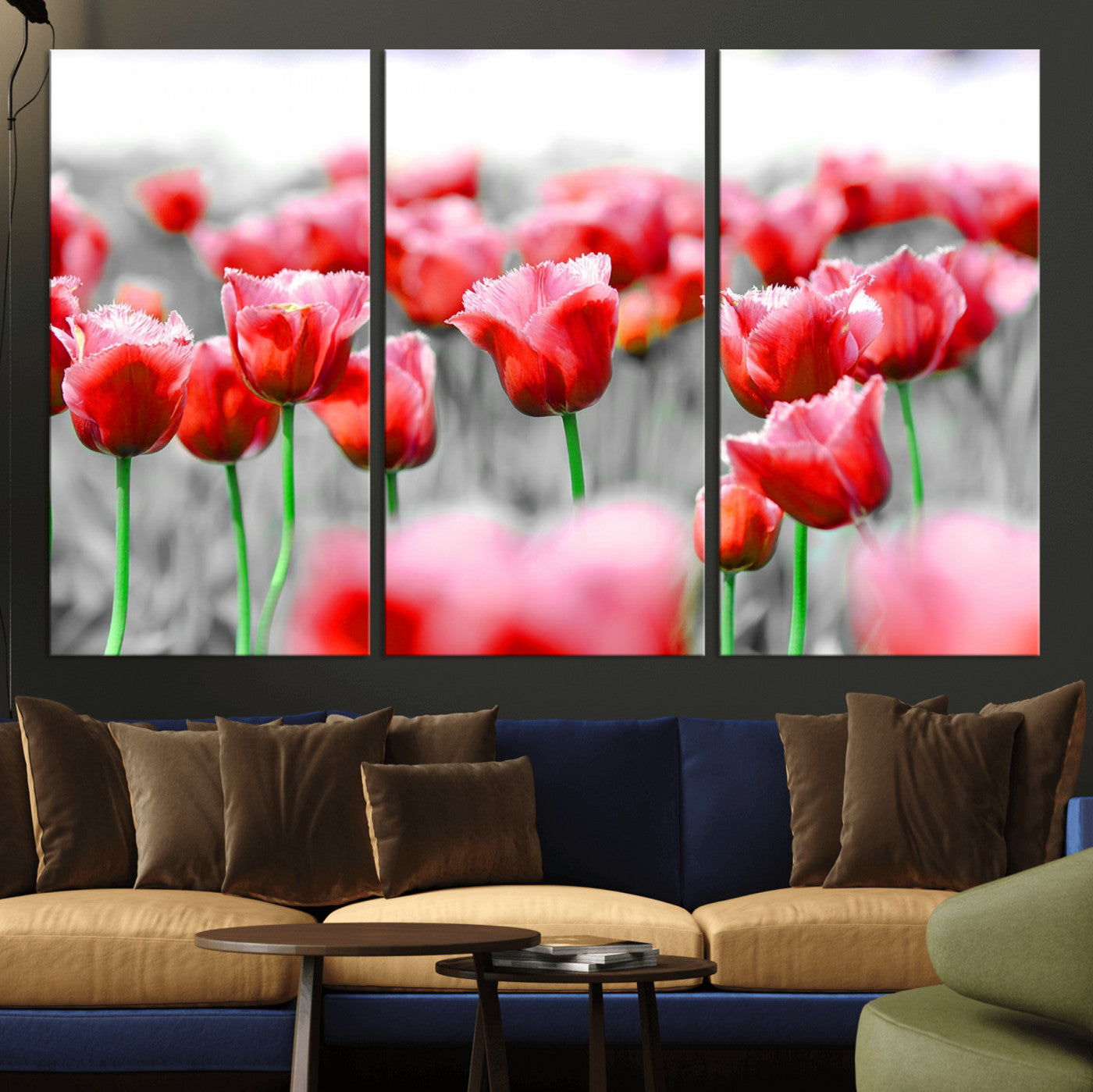 44554-MGV-CV-36X24-Vibrant red tulips stand out beautifully against a black-and-white background, making a striking decor piece perfect for any home