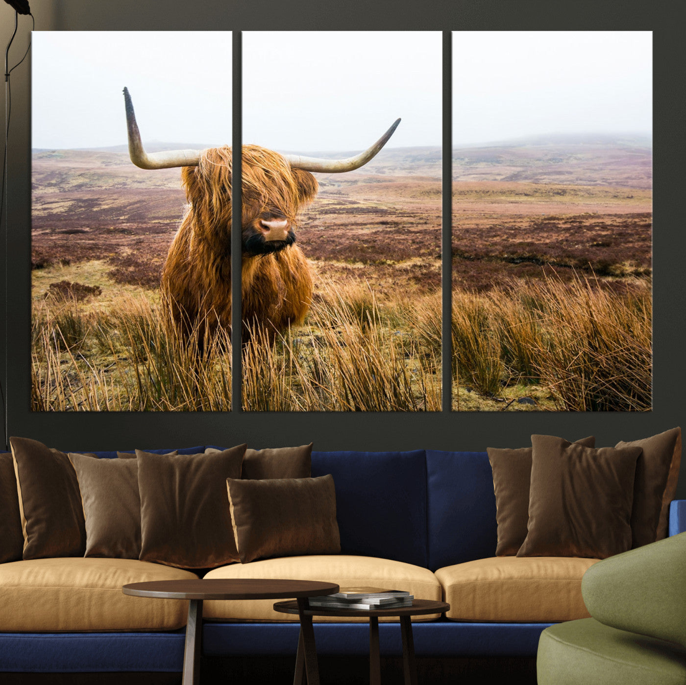 79391-MGV-CV-36X24-Majestic Highland Cow in Misty Scottish Moorland – Rustic Natural Charm, Perfect for Unique Home or Office Decor