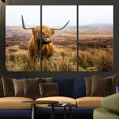 79391-MGV-CV-36X24-Majestic Highland Cow in Misty Scottish Moorland – Rustic Natural Charm, Perfect for Unique Home or Office Decor
