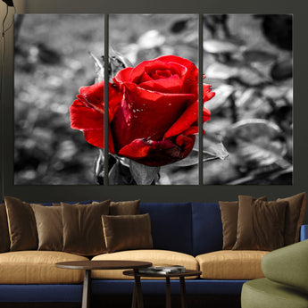 84671-MGV-CV-36X24-Red Rose Wall Art – Vibrant Single Bloom Canvas Print with Black and White Background, Elegant Floral Decor for Living Room,