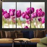 30632-MGV-CV-36X24-Purple Tulip Field Wall Art – Beautiful Spring Flowers Canvas Print with Soft Focus and Bright Sky, Ideal Floral Decor for Home or
