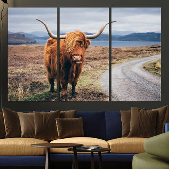 56121-MGV-CV-36X24-Rustic Highland Cow Wall Art – Panoramic Nature Canvas Print, Perfect Decor for Home, Office, Living Room or Man Cave