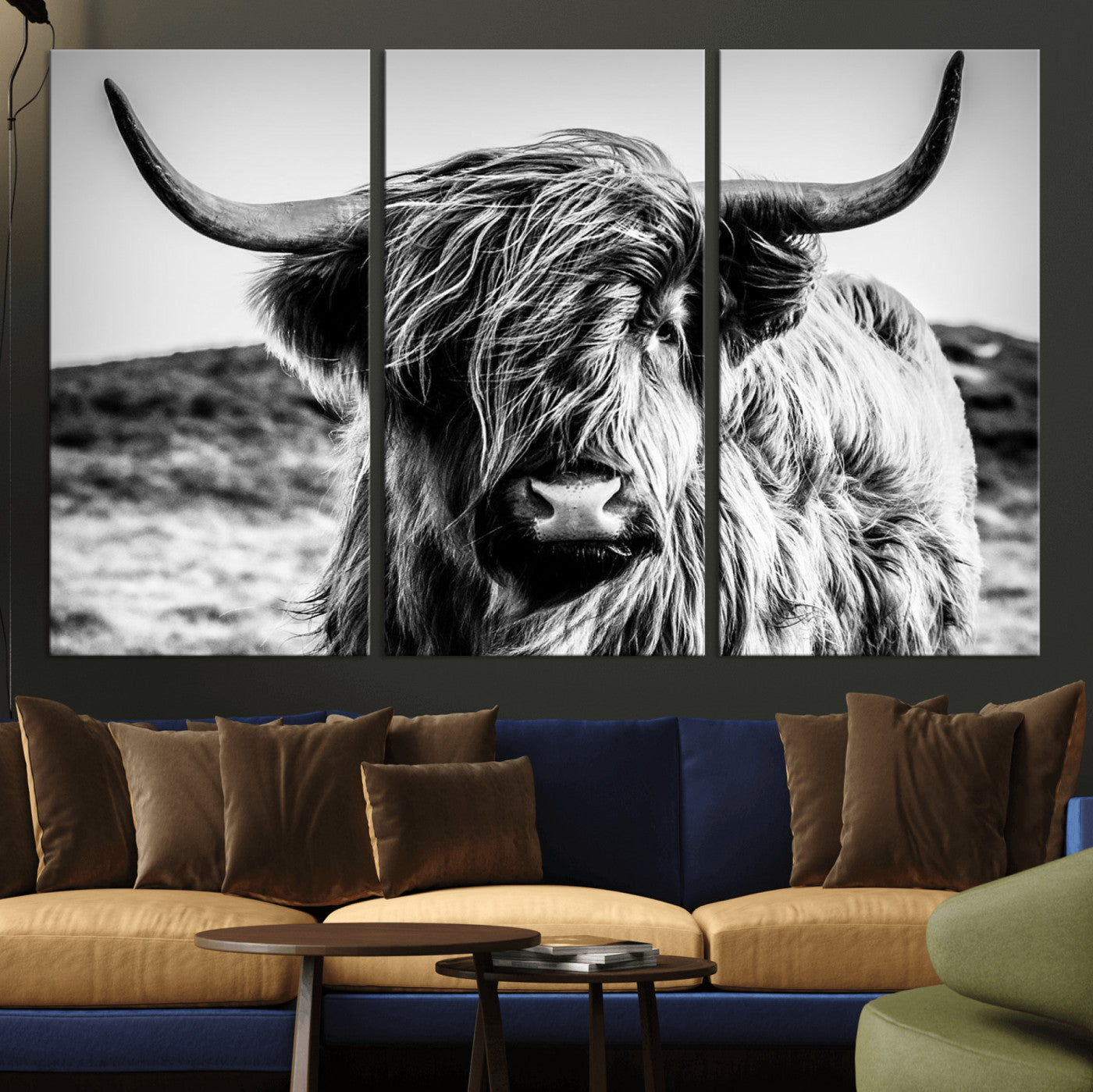 36979-MGV-CV-36X24-Striking black-and-white portrait of a Highland cow with flowing fur and majestic horns, perfect for rustic and elegant home or