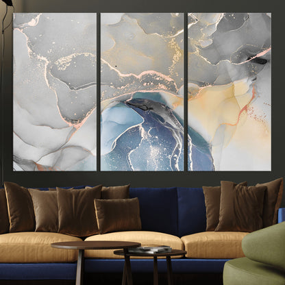 63211-MGV-CV-36X24-Abstract Fluid Art Wall Decor – Blue, Gray & Gold Canvas Print, Modern Home and Office Wall Art Decor for Living Room, Bedroom or